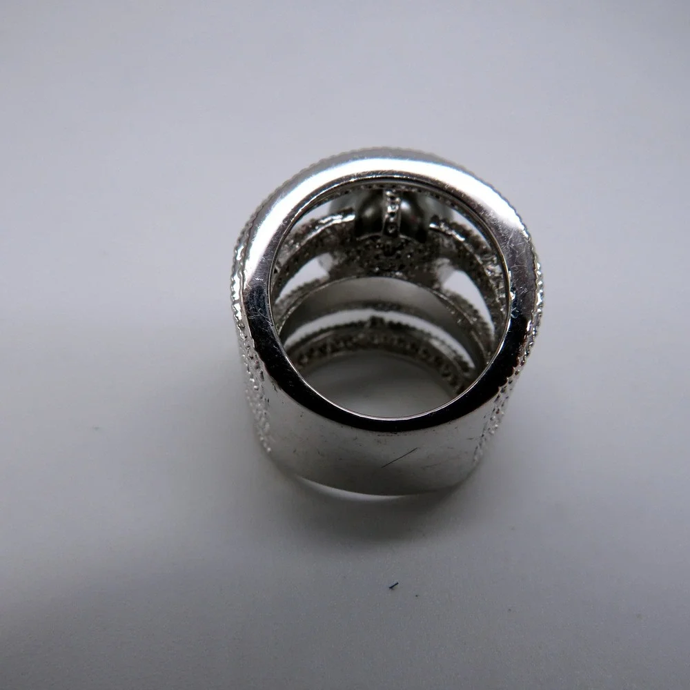 Wide Multi Row Pave Rhinestone Faux Grey Pearl Statement Ring Size 5 Silver Tone